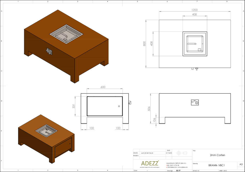 ADEZZ Corten Steel Gas Fire | CAD Drawing