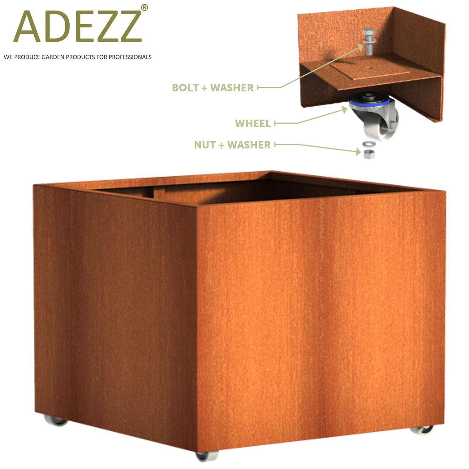 ADEZZ Corten Steel CARREZ Square Planter with Wheels (12 sizes) CAWL