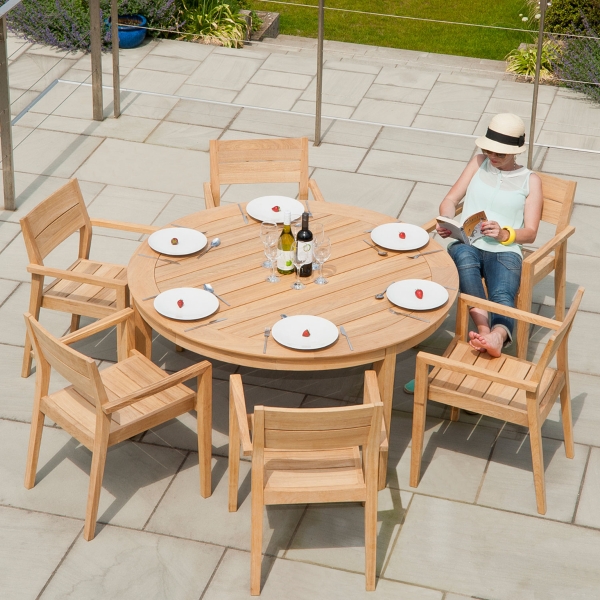 Roble 6 Seat Round Garden Table Set, Round Wooden Garden Table And 6 Chairs